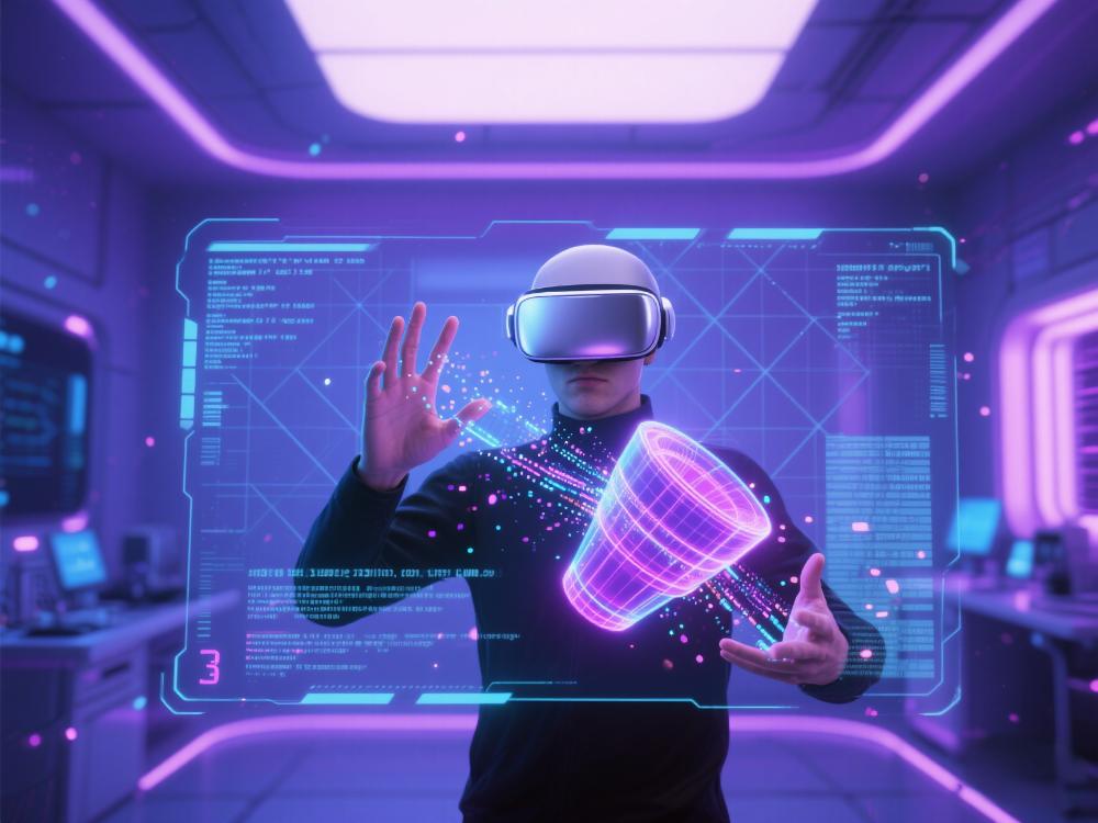 VR头显与手势交互插画：用户佩戴VR设备，手势操控虚拟环境中的3D模型