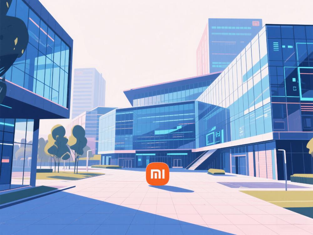 小米科技园插画：现代科技园区，玻璃幕墙建筑，中央广场矗立小米logo