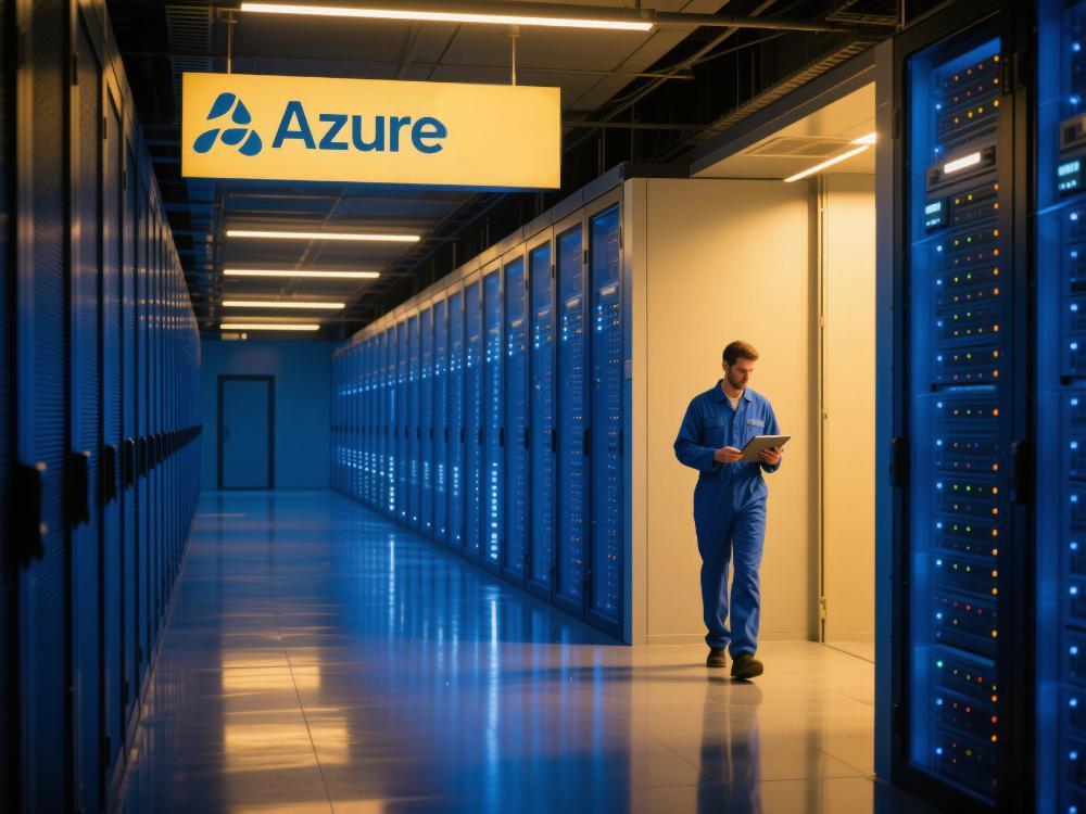 Azure数据中心插画:现代化服务器机房,蓝色冷通道设计,顶部悬挂Azure LOGO和节能标识