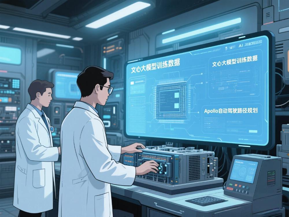 AI实验室插画：科研人员操作量子计算设备，屏幕显示文心大模型训练数据及Apollo自动驾驶路径规划