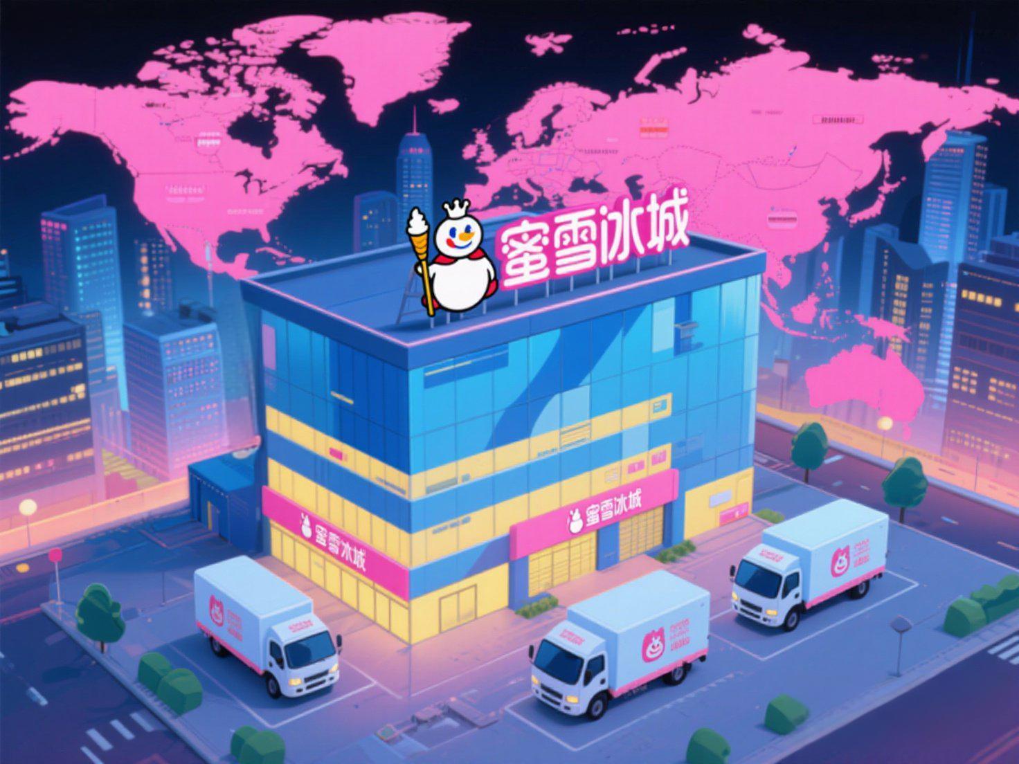 总部插画：现代化办公大楼，楼顶悬挂雪王LOGO，广场停放冷链物流车，背景为全球门店分布图