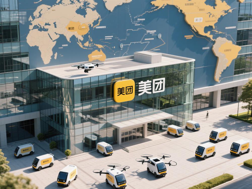 总部插画:现代化玻璃幕墙大楼,顶部悬挂美团LOGO,广场停放无人机配送车,背景为全球业务版图