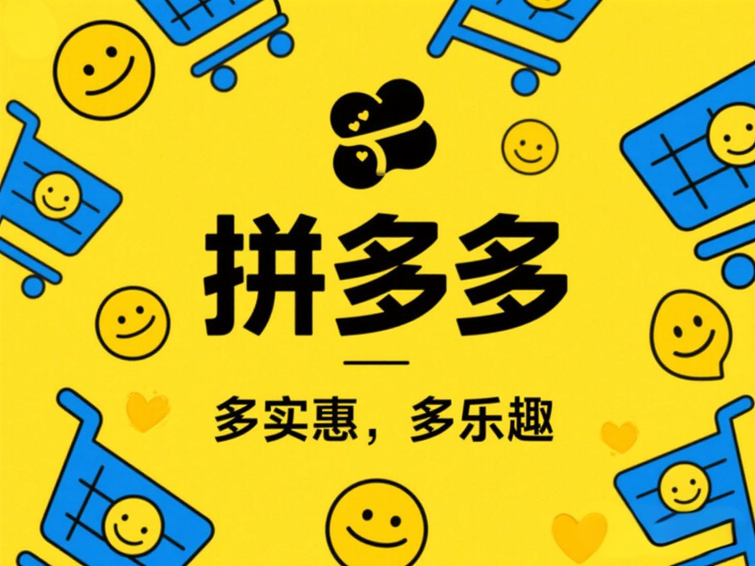 拼多多品牌插画：拼多多黄底黑字LOGO，背景为购物车与用户笑脸，标注'多实惠，多乐趣'标语