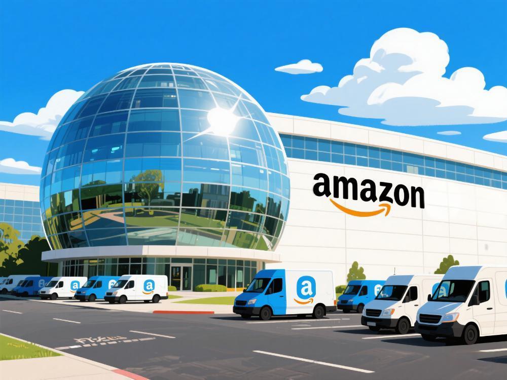 亚马逊总部插画：亚马逊球体办公大楼全景，标志性Amazon LOGO，周边停放Amazon Flex配送车辆
