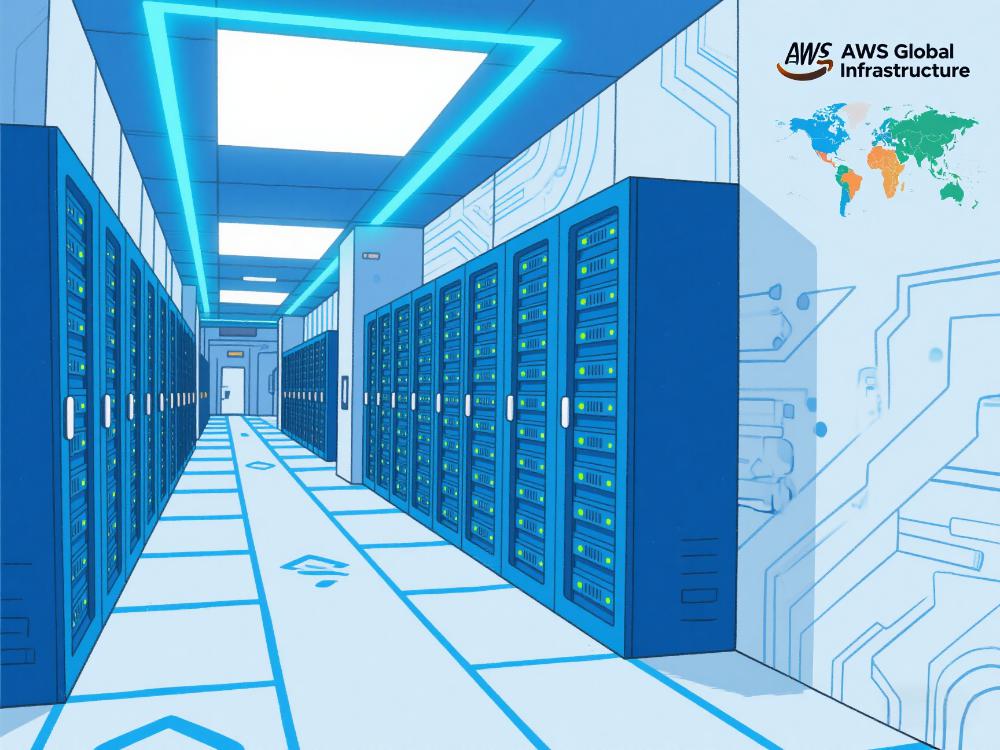 AWS数据中心插画:服务器集群与蓝色冷通道,标注AWS Global Infrastructure地图