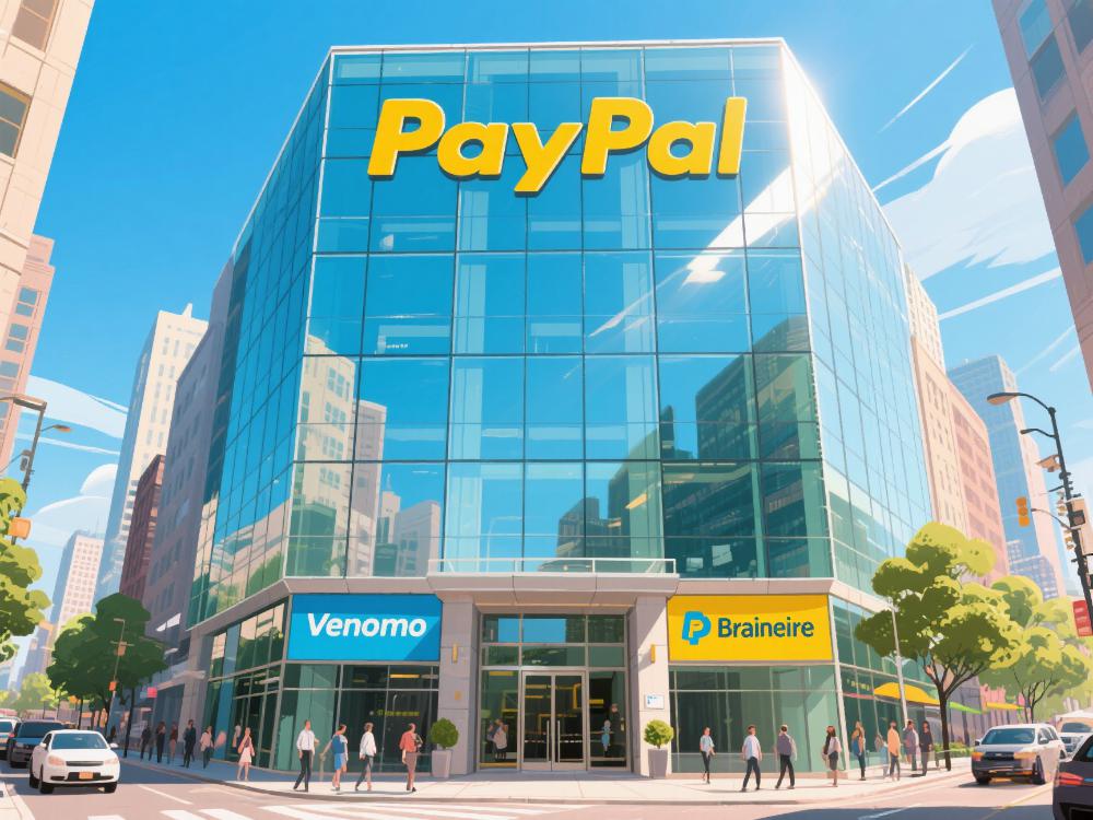总部插画：现代化玻璃幕墙大楼，顶部悬挂PayPal，入口处展示Venmo和Braintree品牌标识