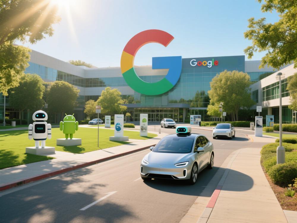 总部插画：Googleplex全景，标志性彩色“G”LOGO与绿色园区，展示Android机器人、Waymo自动驾驶汽车等产品