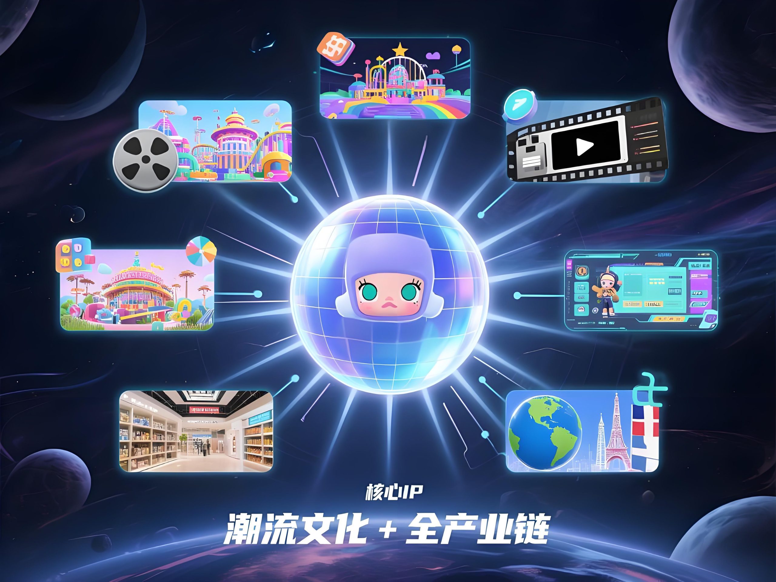 概念图展示泡泡玛特"IP宇宙"生态：核心IP辐射至乐园、影视、游戏、零售、全球化多元场景，体现"潮流文化+全产业链"布局