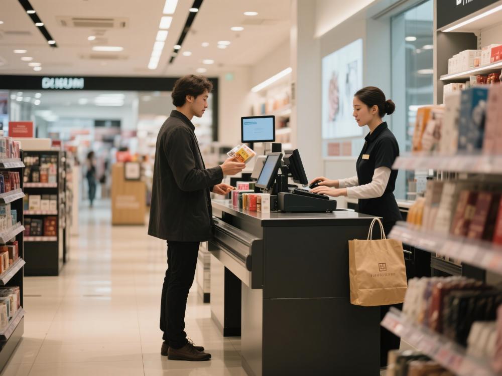 展示消费者在免税店内挑选商品并付款的场景