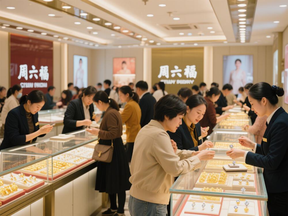 呈现周六福的线下门店、线上销售场景