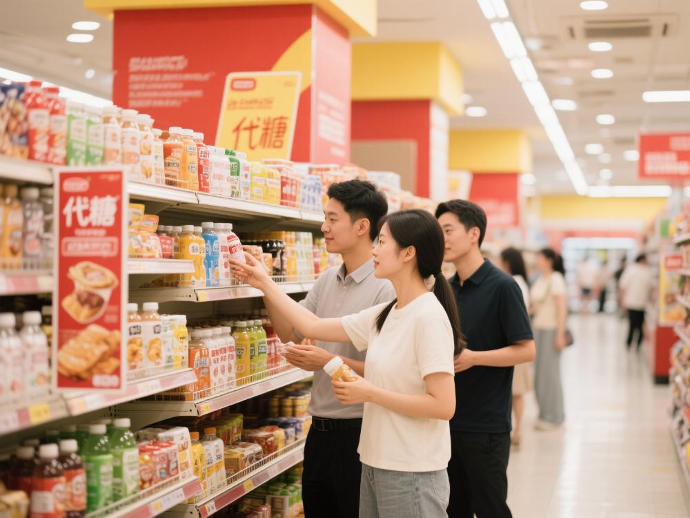 下游终端应用场景，人们在超市里挑选含代糖的商品