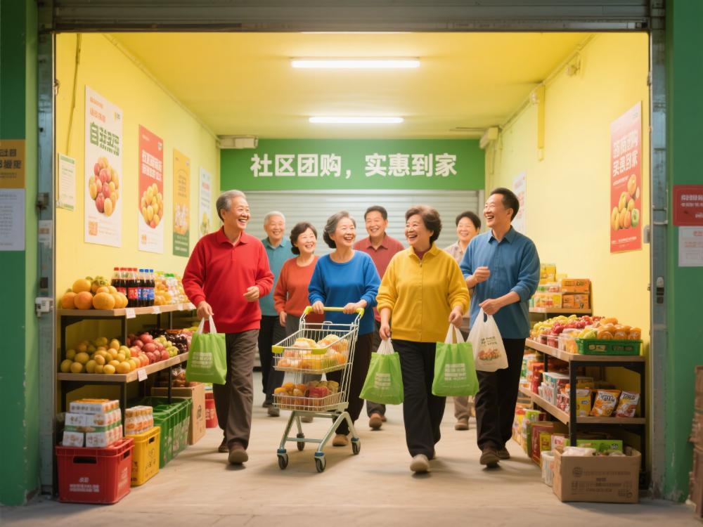 呈现居民在社区自提点提货的场景。自提点是一个小仓库，里面整齐地摆放着各种商品。居民们有的提着购物袋，有的推着小推车，脸上洋溢着满意的笑容。仓库的墙壁上贴着一些宣传海报，上面写着 “社区团购，实惠到家”。