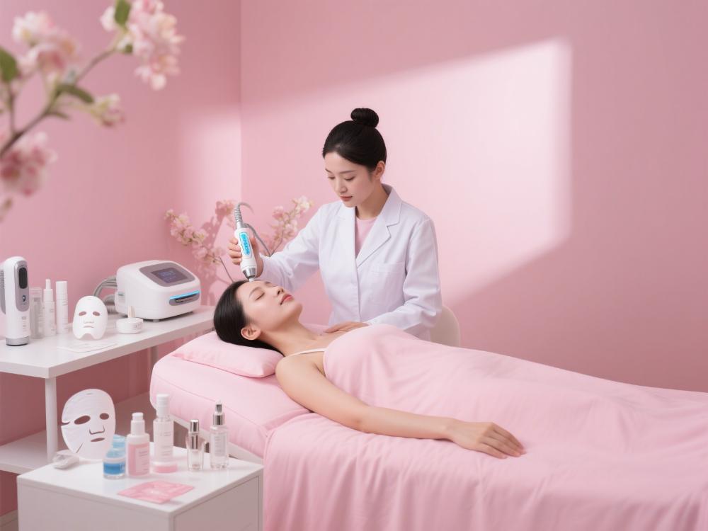 非手术类医美的场景。一位女性躺在美容床上，美容师正在为她进行面部护理，使用的是一些先进的美容仪器。旁边的桌子上放着各种护肤品和仪器。背景是粉色的墙壁，有一些花朵的装饰。