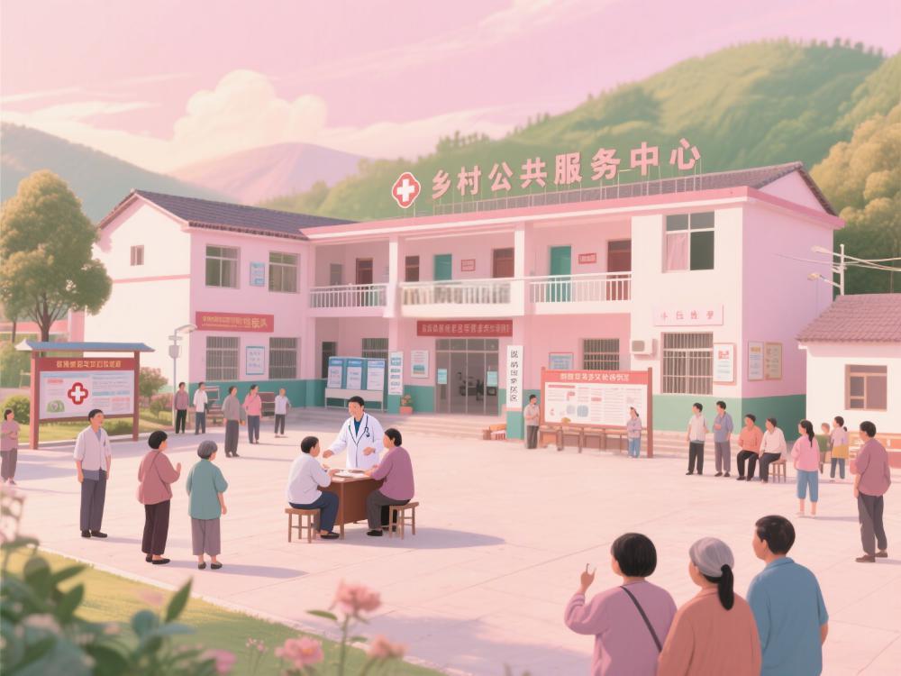 乡村的公共服务中心，里面有现代化的医疗设施，医生正在为村民看病，旁边有教育咨询区域，老师在给孩子和家长讲解教育政策。外面的广场上有文化活动，村民们在跳舞、唱歌。展示了城乡公共服务均等化的场景。
