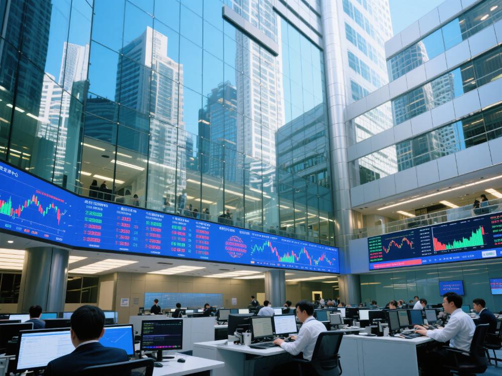 港交所总部大楼与交易大厅全景，展现现代化金融交易设施