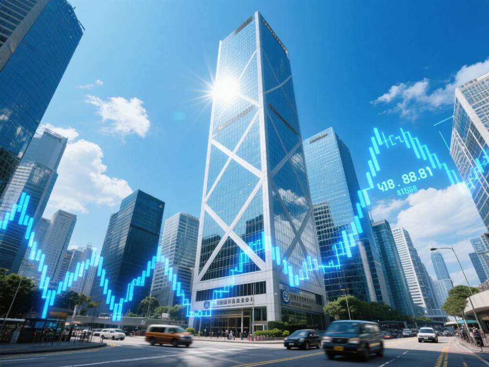 香港交易所总部大楼香港国际金融中心二期,它是一座高 415.8 米、88 层的玻璃幕墙建筑,在阳光照耀下闪耀着银色光芒,大楼前有象征金融的蓝色线条交织,线条上有跳动的数字代表股票数据。背景是繁华的香港金融区,有高楼大厦、穿梭的车辆和蓝天白云,整体以蓝色和银色为主色调,营造出专业、现代的氛围。构图上,大楼位于画面中心,占据主要部分,周围的背景元素起到衬托作用。