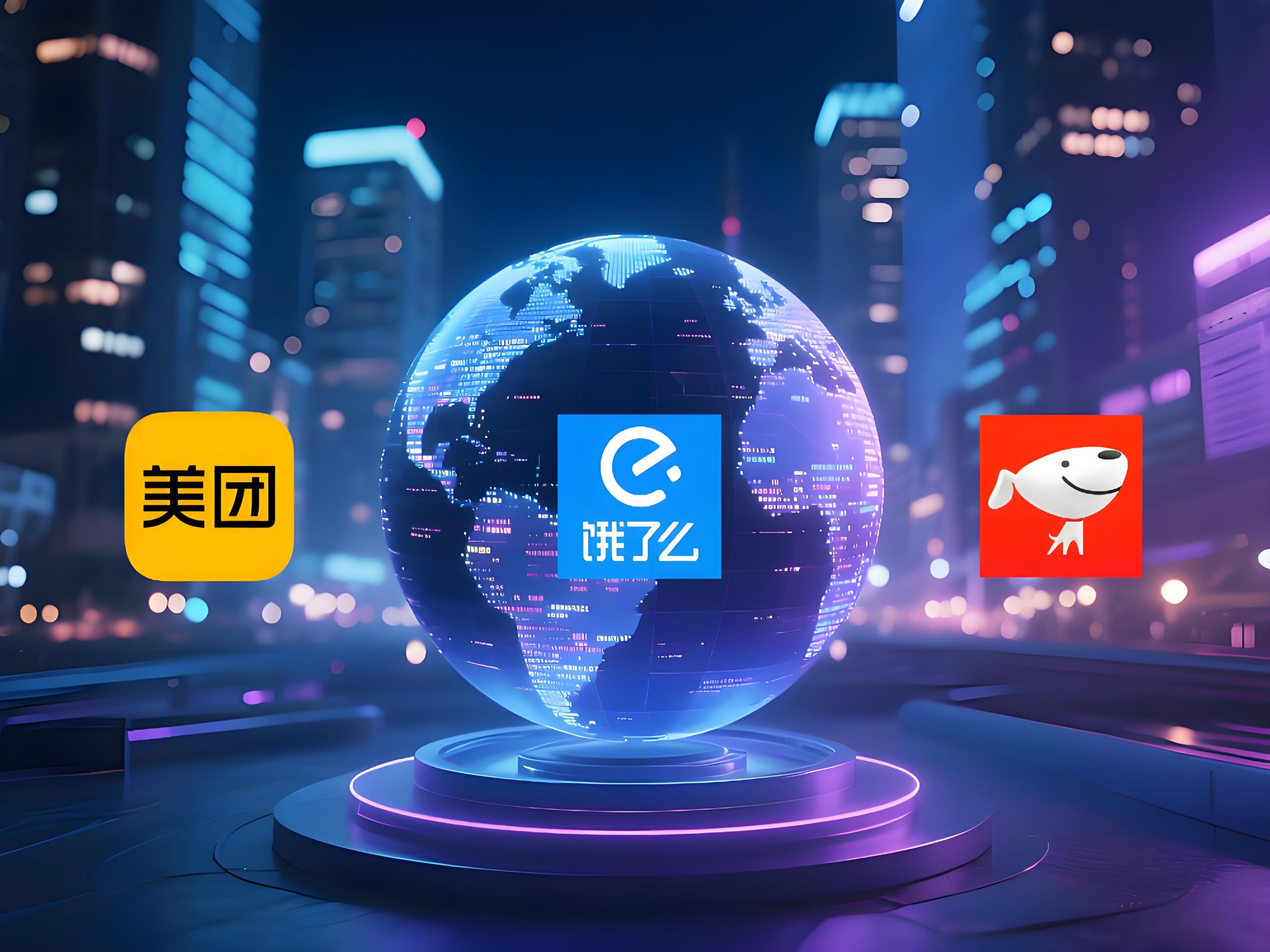 画面中美团、饿了么、京东三家外卖平台的 logo 围绕在一个地球仪周围，地球仪上有一些外卖订单数据在闪烁，背景是城市的夜景，灯光璀璨。