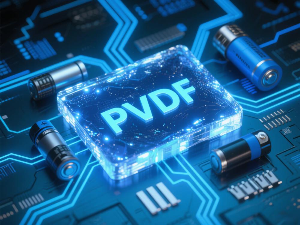 以科技感的蓝色线条和数据图案为背景，中心是一块闪闪发光的 「PVDF」 材料，周围环绕着电极片、电解液等锂电池部件