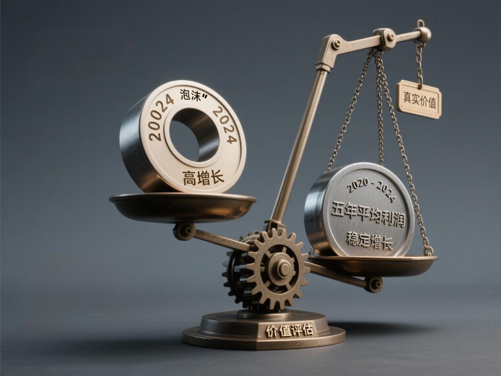 左侧托盘放置 “单年利润” 砝码（表面刻 “2024 高增长”，内部空心标 “泡沫”），右侧托盘放置 “五年平均利润” 砝码（实心金属，刻 “2020-2024 稳定增长”），天平向右侧大幅倾斜。天平下方齿轮组刻 “价值评估”，右侧延伸出链条悬挂 “真实价值” 标牌。构图采用对称平衡，砝码占画面 2/3，通过 “空心 vs 实心” 的材质对比强化 “长期平均更可靠” 的隐喻，左侧留白处可叠加标题。