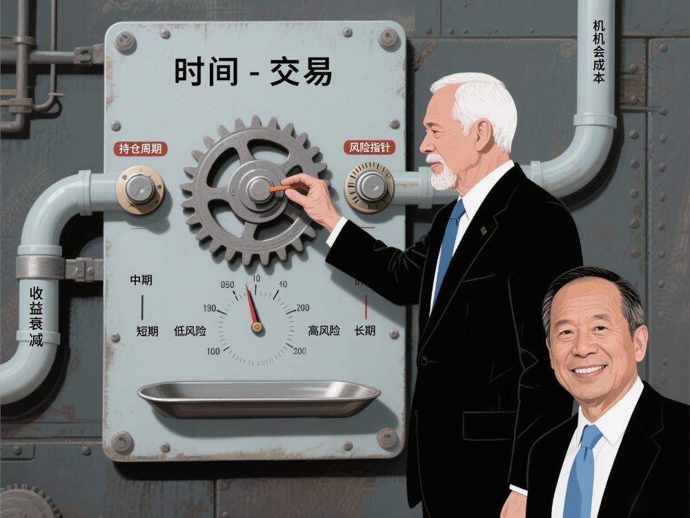 苏世民站在 “时间 - 交易” 平衡装置前，左手调节标有 “持仓周期” 的旋钮（旋钮刻度 “短期”“中期”“长期”），右手校准连接装置的 “风险指针”（指针随时间旋钮转动而变化，短期指向 “低风险”，长期指向 “高风险”）。装置核心齿轮刻 “时间变量”，左侧管道标注 “收益衰减”，右侧管道标注 “机会成本”，下方托盘显示 “最优持仓区间”。构图采用中心对称，装置占画面 2/3，旋钮与指针形成动态互动，右下角点缀苏世民标志性的西装与领带细节。