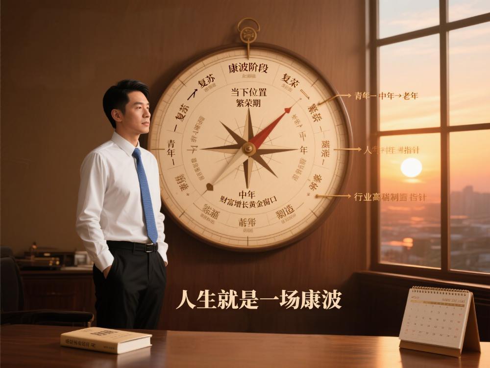 周金涛站在 “周期罗盘” 前，罗盘中心标 “当下位置”，外圈刻度 “康波阶段”（顺时针 “复苏→繁荣→衰退→萧条”），内圈刻度 “人生阶段”（对应 “青年→中年→老年”），指针同时指向 “繁荣期” 与 “中年”（标注 “财富增长黄金窗口”）。罗盘边缘延伸出 “行业红利指针”（指向 “新能源”“高端制造”），桌面左侧摆放《人生就是一场康波》，右侧陈列 “周期日历”（标注 “下一个繁荣期：2030-2050”），背景落地窗透入夕阳（象征 “周期的时间流逝”）。人物位于画面左侧 1/3，罗盘占据中央视觉区，通过 “罗盘定位” 的场景，突出 “周期定位决定财富轨迹” 的核心。