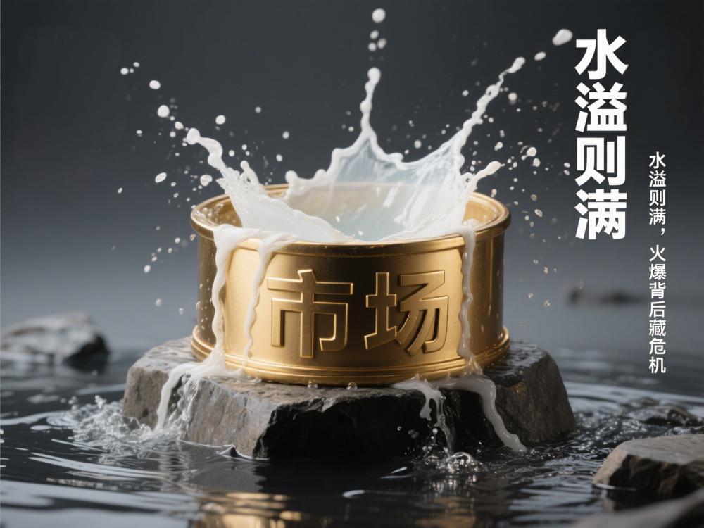 深灰色背景中央是 “水 - 市场” 图腾：金色容器（刻 “市场”）中，红色水流已漫过边缘（标注 “火爆”），水面下隐约可见黑色礁石（标注 “危机”），容器外侧刻苏世民名言 “水溢则满，火爆背后藏危机”。左侧悬浮 “火爆信号” 标签（如 “PE 远超历史均值”），右侧留白可叠加标题。容器与水流占画面 2/3，通过 “水面火爆、水下危机” 的对比，强化隐喻的视觉冲击力，金属与水的质感对比凸显 “警示” 的严肃性。