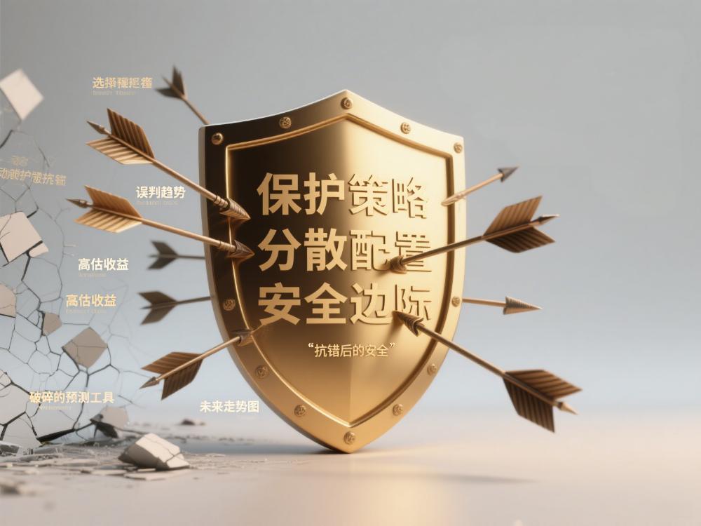 浅灰背景中央是金色盾牌（标 “保护策略”，刻 “分散配置”“安全边际”），盾牌正面抵挡住多支 “预测错误之箭”（箭身标 “误判趋势”“高估收益”，箭头已弯折）。盾牌边缘刻格雷厄姆名言，盾牌后方透出暖光（象征 “抗错后的安全”）。左侧散落 “破碎的预测工具”（如裂纹的 “未来走势图”），右侧留白可叠加标题。盾牌占画面 2/3，“盾牌抵御箭头” 的动态强化 “保护能抗错” 的隐喻，金属盾牌的厚重感与箭头的尖锐感对比，凸显 “保护” 的可靠性