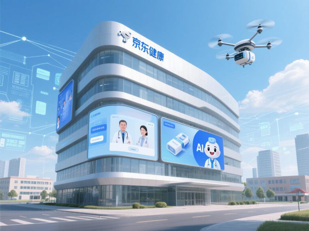 现代化医疗科技企业总部大楼，楼顶有京东健康LOGO，外立面显示屏展示问诊界面、药品配送无人机、AI医生卡通形象，背景有数据网络连接社区医院和家庭