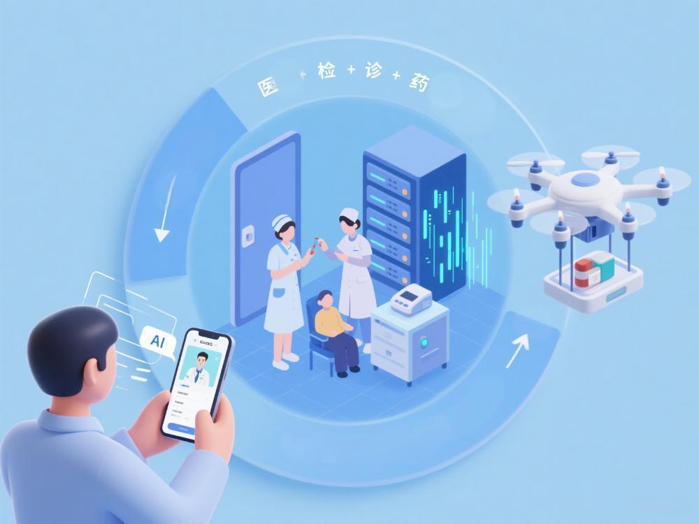 环形示意图展示'医+检+诊+药'服务闭环：左侧用户手机咨询AI医生，中部护士上门检测，右侧药房无人机配送药品，背景有数据中心处理医疗信息流