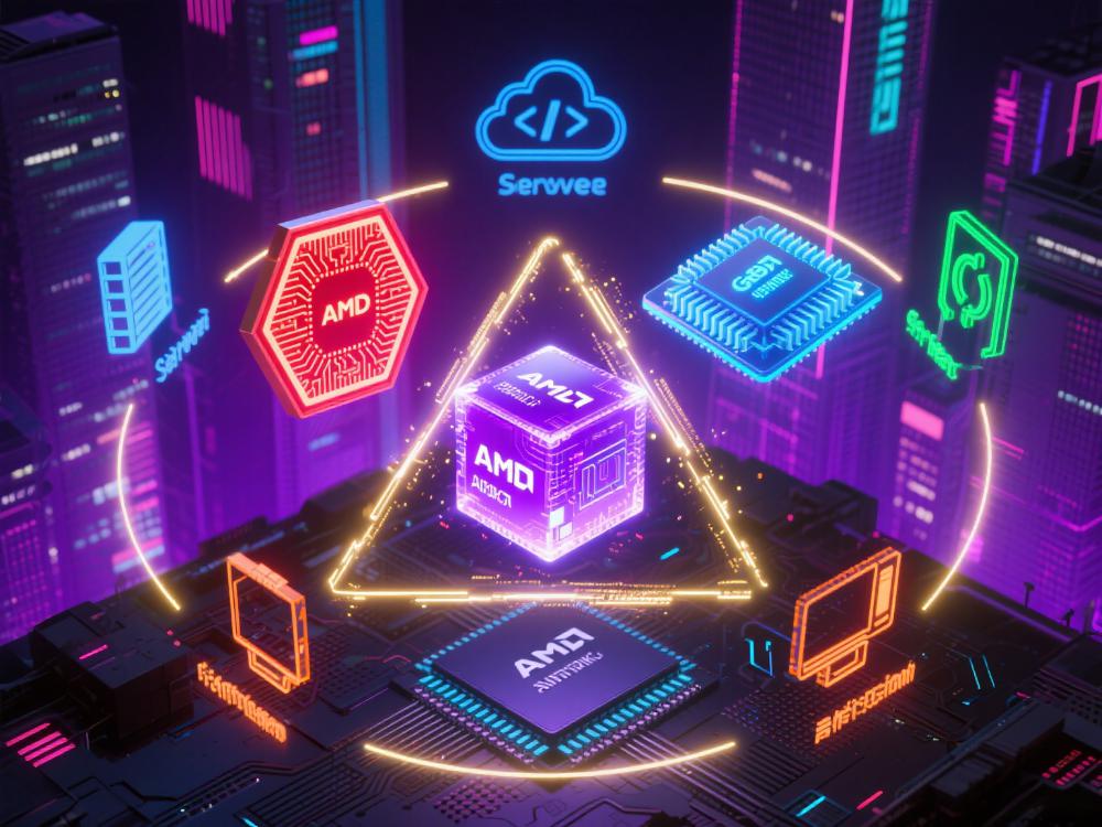 AMD产品生态图谱，中心为CPU、GPU、AI加速器三大核心产品，外围连接云服务商、软件厂商、终端设备厂商等合作生态，用线条标注协作关系