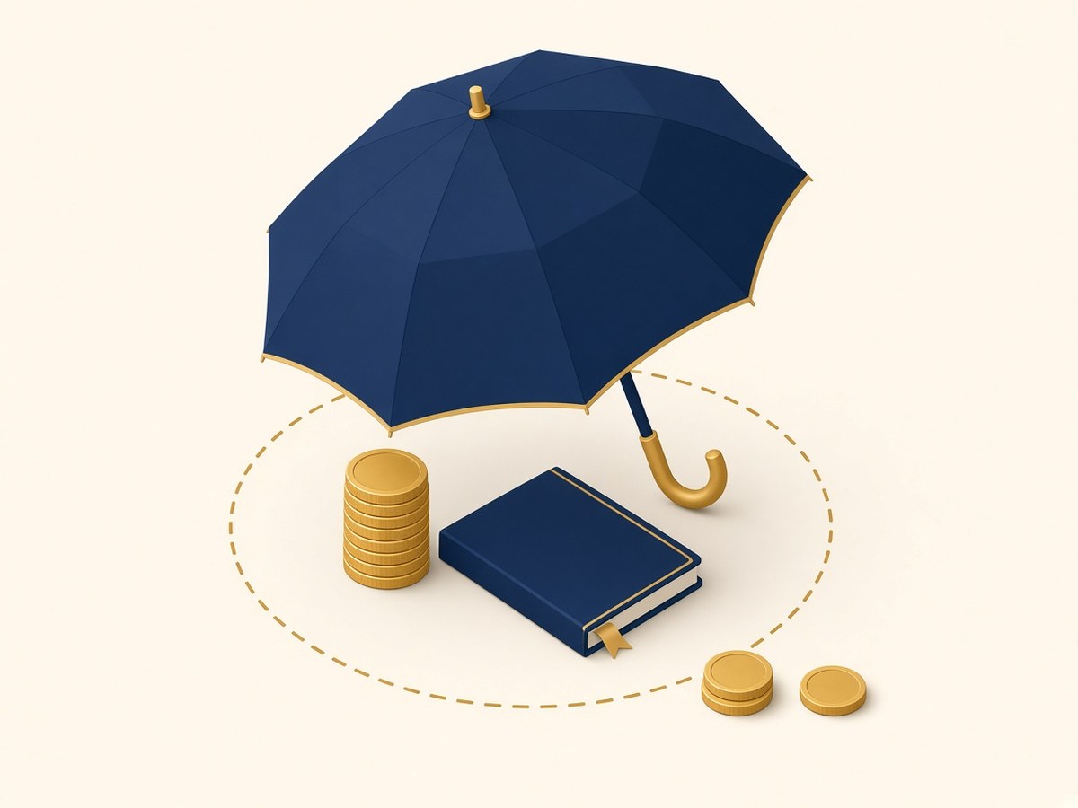 雨伞下的硬币与存折,象征存款保险限额偿付的示意插画