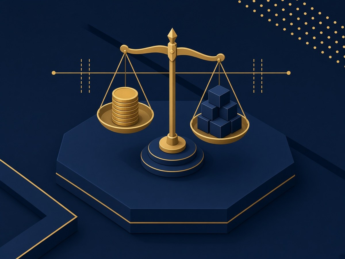 稳定价格示意插画：天平一端放金币、一端放深蓝方块，背后有一条金色水平区间线