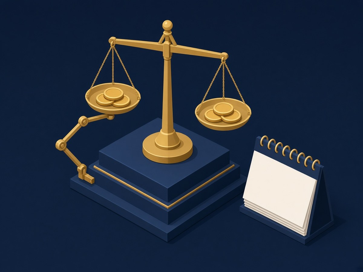 稳定价格示意插画:金色天平保持平衡,一支机械臂轻扶托盘,旁边是一本空白台历